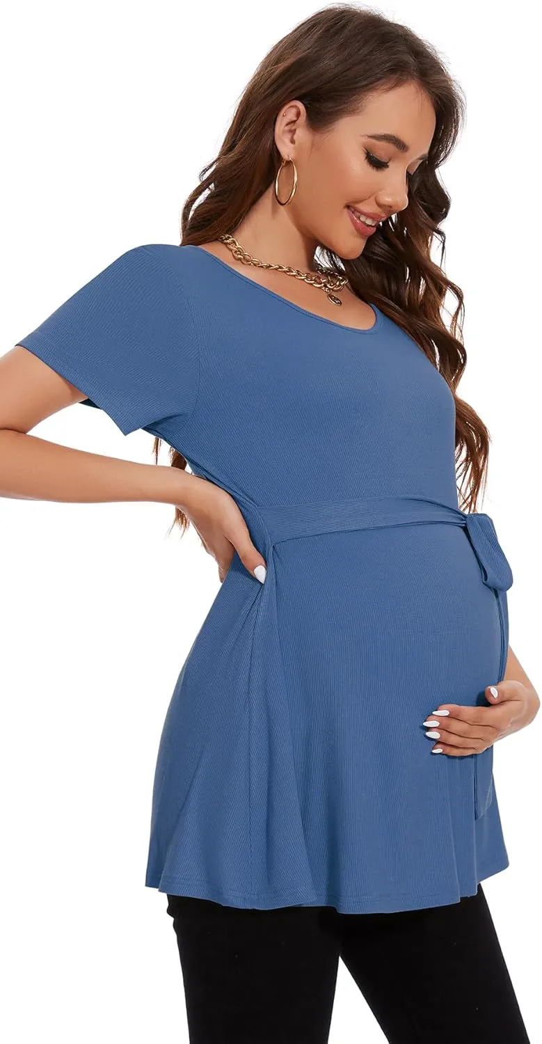 Smallshow Women's Maternity Shirts Tie Front Short Sleeve Pregnancy Tops Clothes