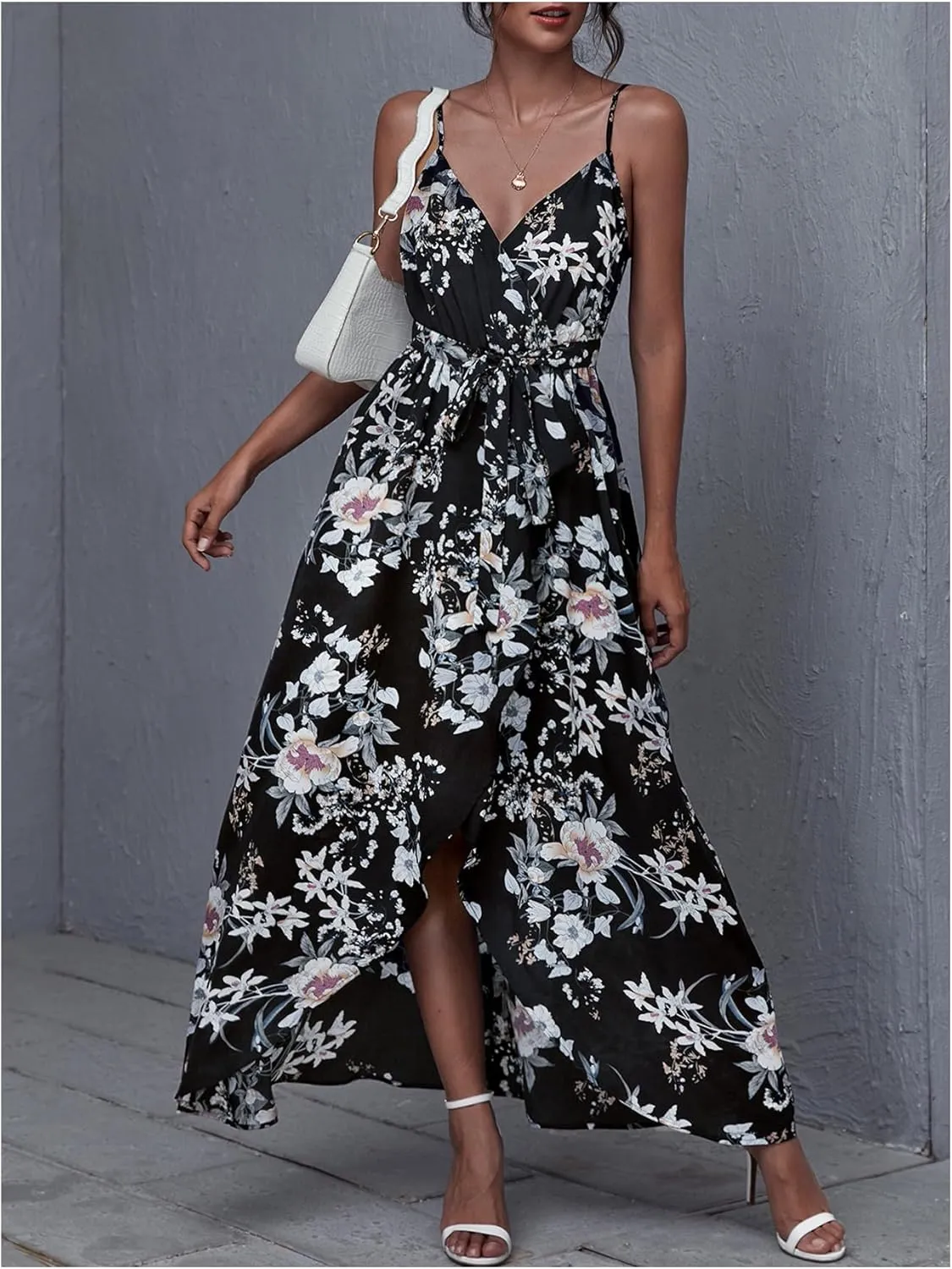 SOLY HUX Women's Floral Print Wrap V Neck Maxi Dress Spaghetti Strap Flowy Boho Dresses with Belt