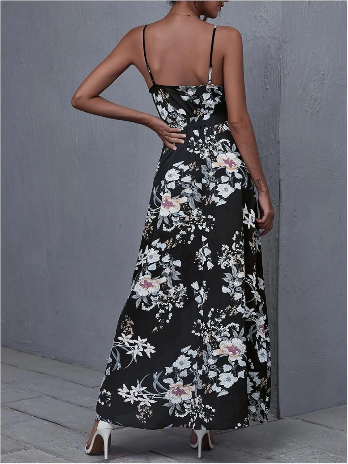 SOLY HUX Women's Floral Print Wrap V Neck Maxi Dress Spaghetti Strap Flowy Boho Dresses with Belt