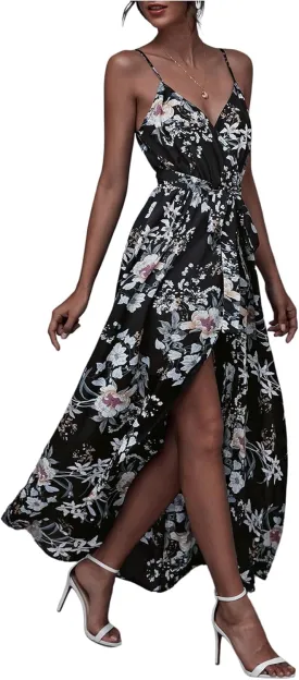 SOLY HUX Women's Floral Print Wrap V Neck Maxi Dress Spaghetti Strap Flowy Boho Dresses with Belt