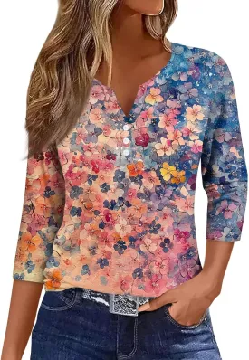 Summer Tops for Women 2025 Dressy Casual Boho 3/4 Sleeve Tunics Loose Fit T Shirts Trendy V Neck Button Down Blouses