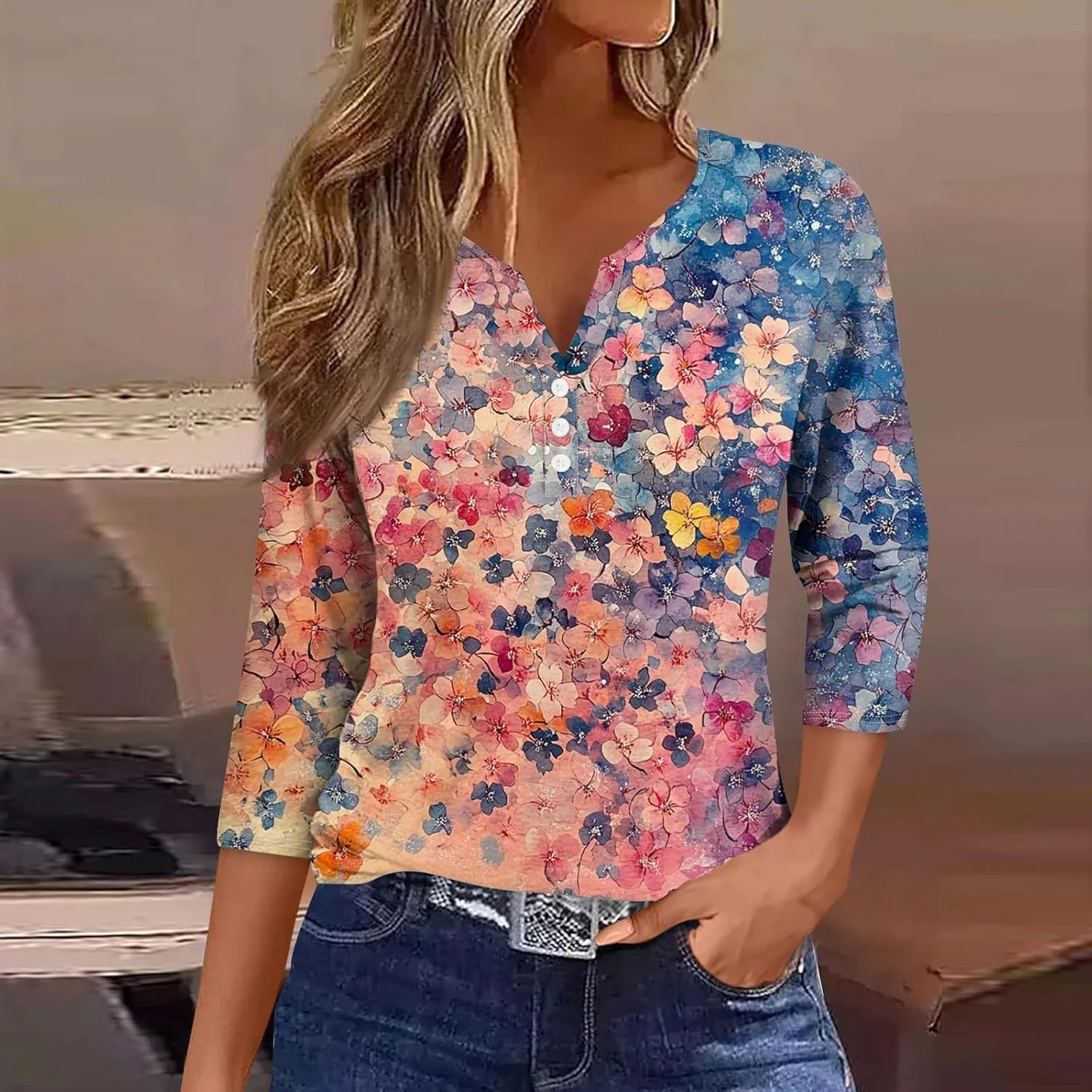 Summer Tops for Women 2025 Dressy Casual Boho 3/4 Sleeve Tunics Loose Fit T Shirts Trendy V Neck Button Down Blouses