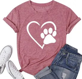 Susongeth Dog Paw Love Heart Print T-Shirt for Women Short Sleeve Dog Mom Graphic Tees Tops Mother's Day Shirts