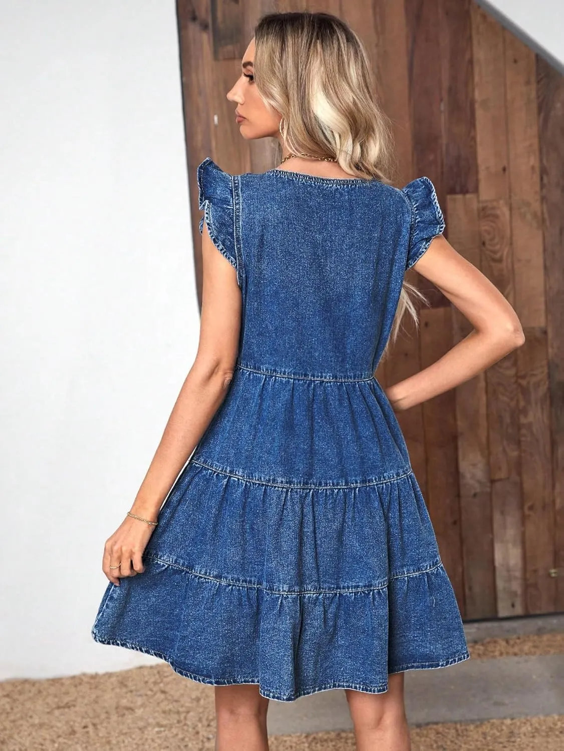 SweatyRocks Women's Cap Sleeve V Neck Button Front Dress A Line Ruffle Hem Denim Short Dresses