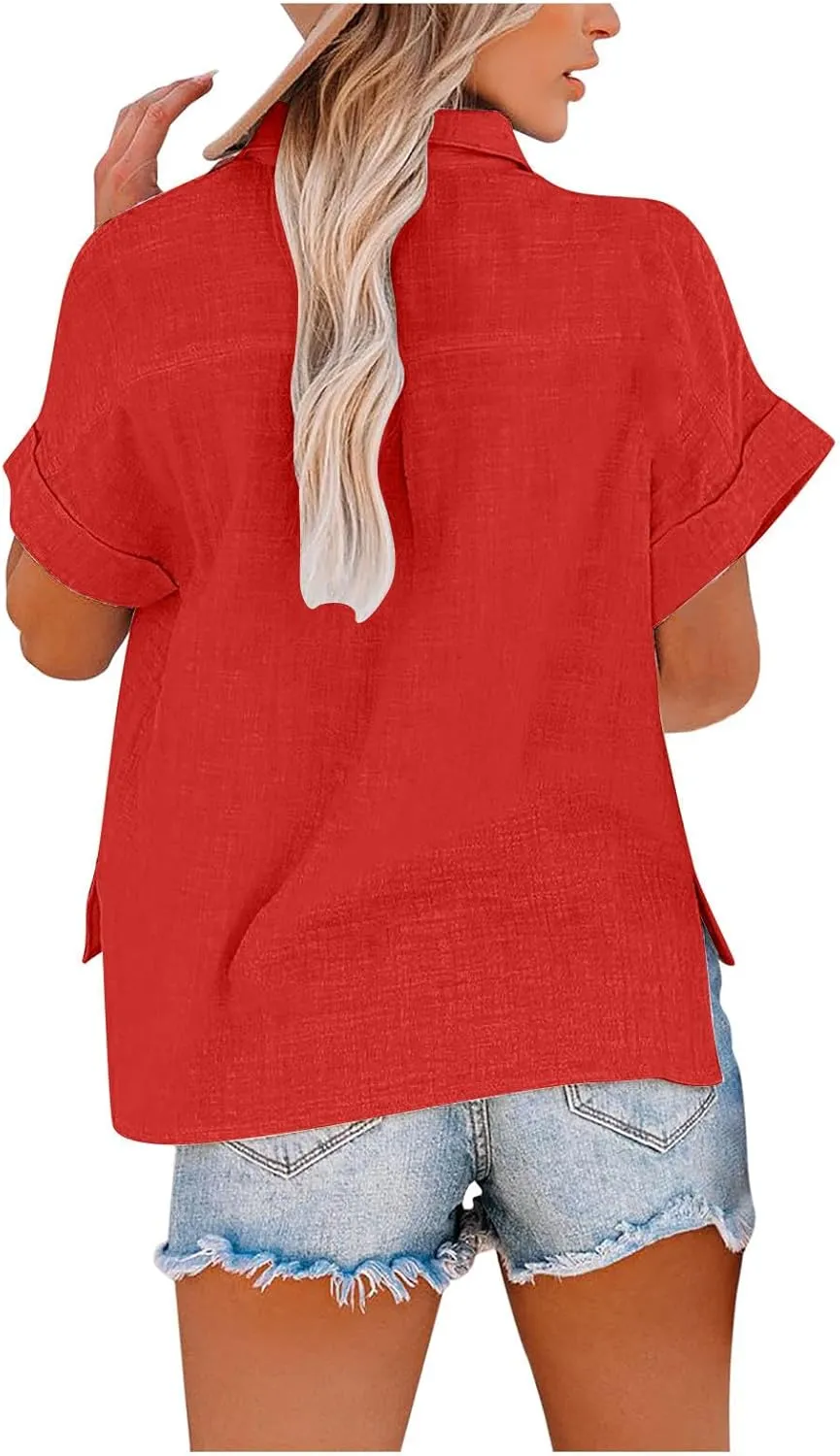 TANGNADE Oversized Linen Button Down Women Short Sleeve Shirts Collared Plus Size Boyfriend Loose Blouse with Front Pocket