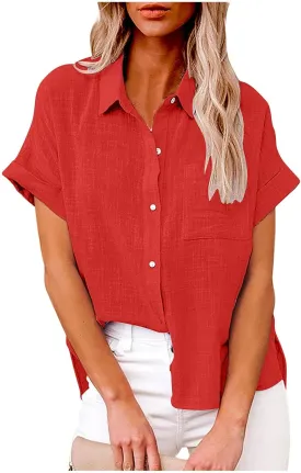 TANGNADE Oversized Linen Button Down Women Short Sleeve Shirts Collared Plus Size Boyfriend Loose Blouse with Front Pocket