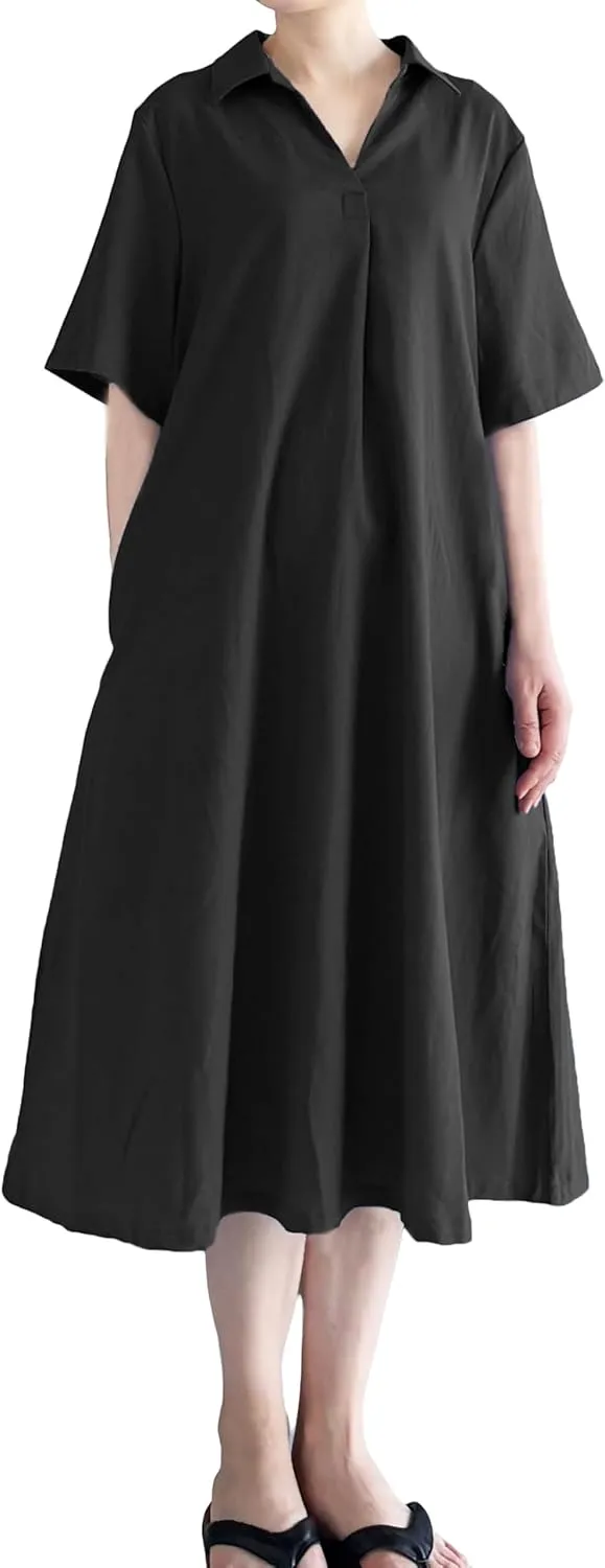 Tebreux Women's Cotton Linen Dress Plus Size V Neck Short Sleeve Casual Shirt Dresses with Pockets