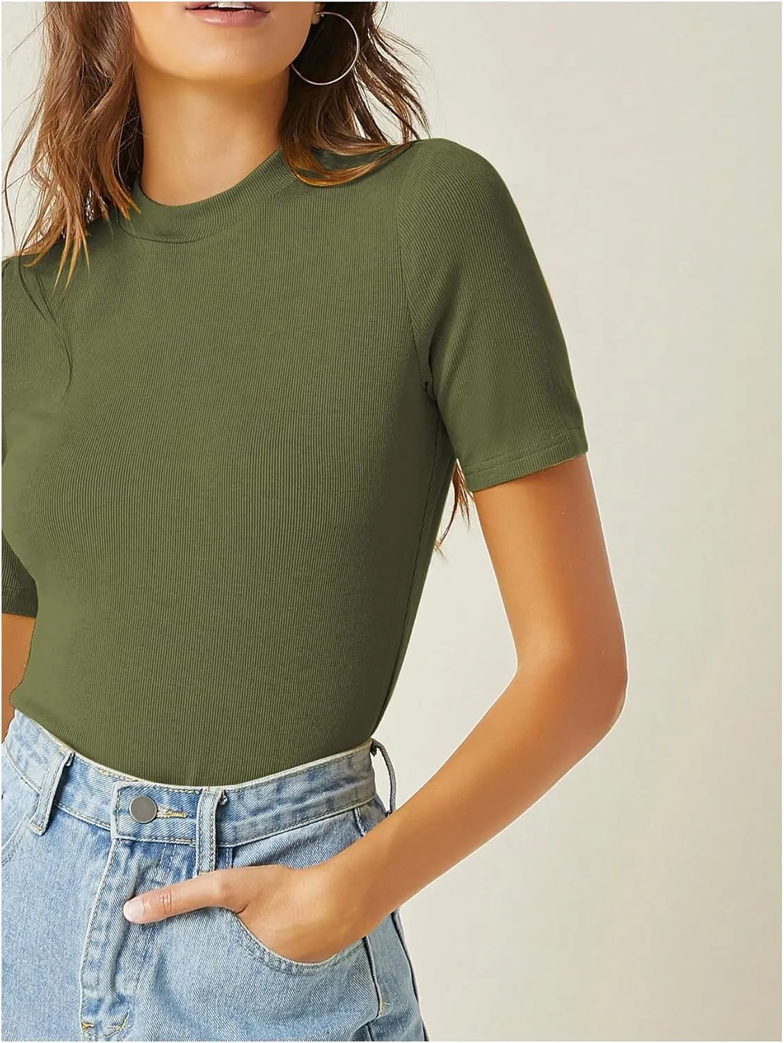 Verdusa Women's Business Casual Tops Mock Neck Short Sleeve Knit Basic Tees Work Ofiice Outfits