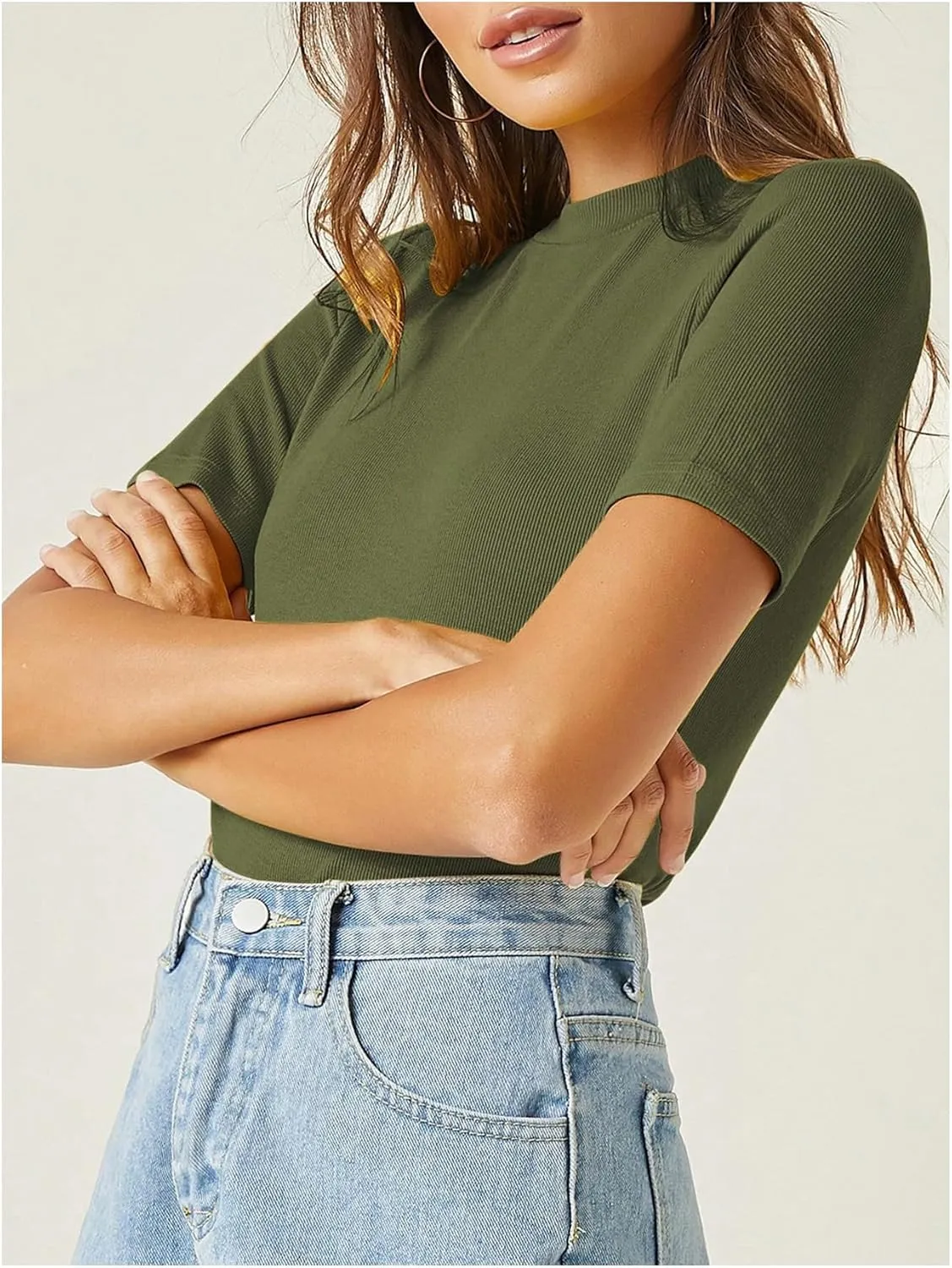 Verdusa Women's Business Casual Tops Mock Neck Short Sleeve Knit Basic Tees Work Ofiice Outfits