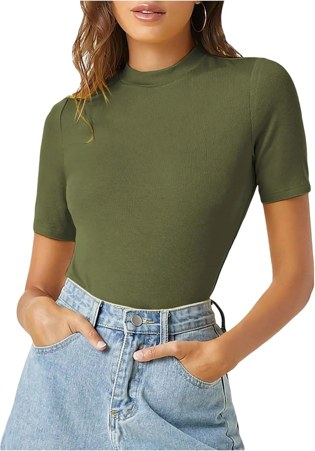 Verdusa Women's Business Casual Tops Mock Neck Short Sleeve Knit Basic Tees Work Ofiice Outfits
