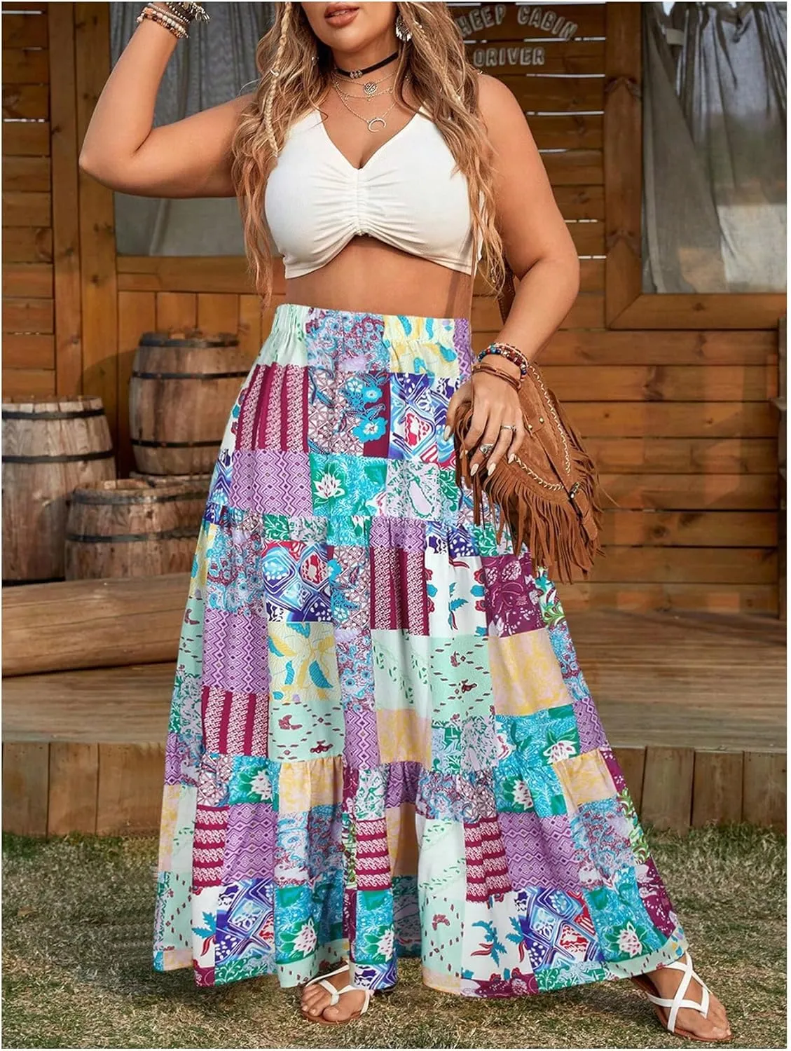 Verdusa Women's Plus Size Boho Floral Plaid Maxi Skirt Elastic High Waisted A Line Flowy Skirts