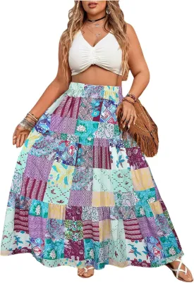 Verdusa Women's Plus Size Boho Floral Plaid Maxi Skirt Elastic High Waisted A Line Flowy Skirts