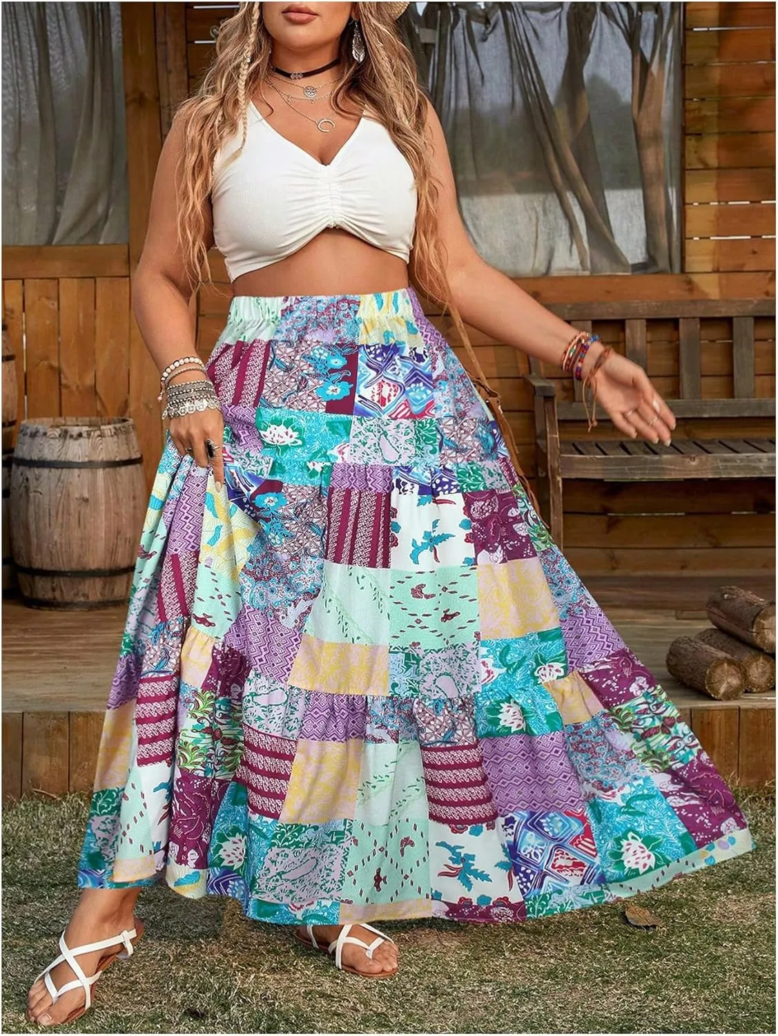 Verdusa Women's Plus Size Boho Floral Plaid Maxi Skirt Elastic High Waisted A Line Flowy Skirts
