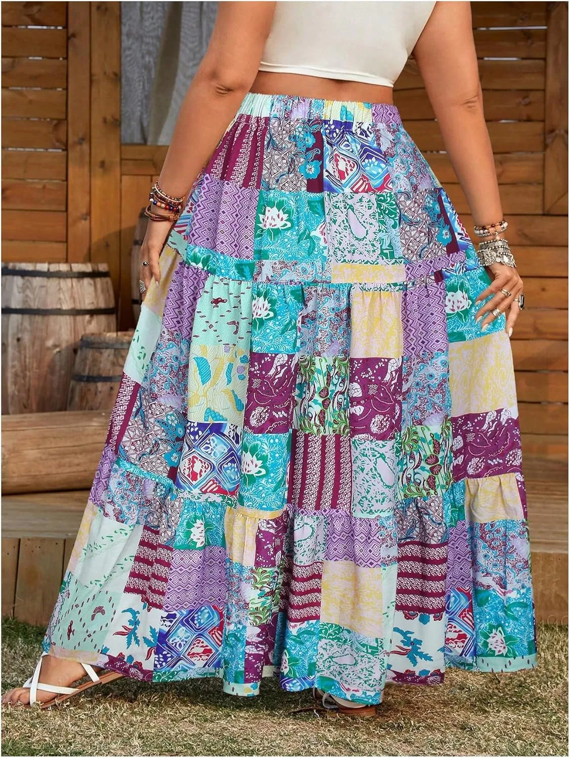 Verdusa Women's Plus Size Boho Floral Plaid Maxi Skirt Elastic High Waisted A Line Flowy Skirts