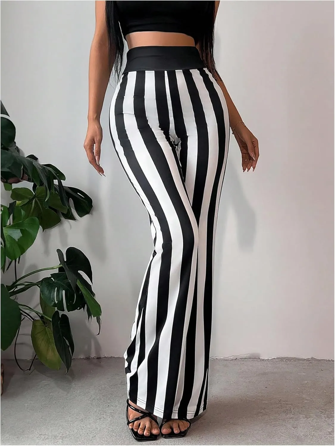WDIRARA Women's Striped Elastic Waist Flared Pants Stretchy Bell Bottoms Trousers