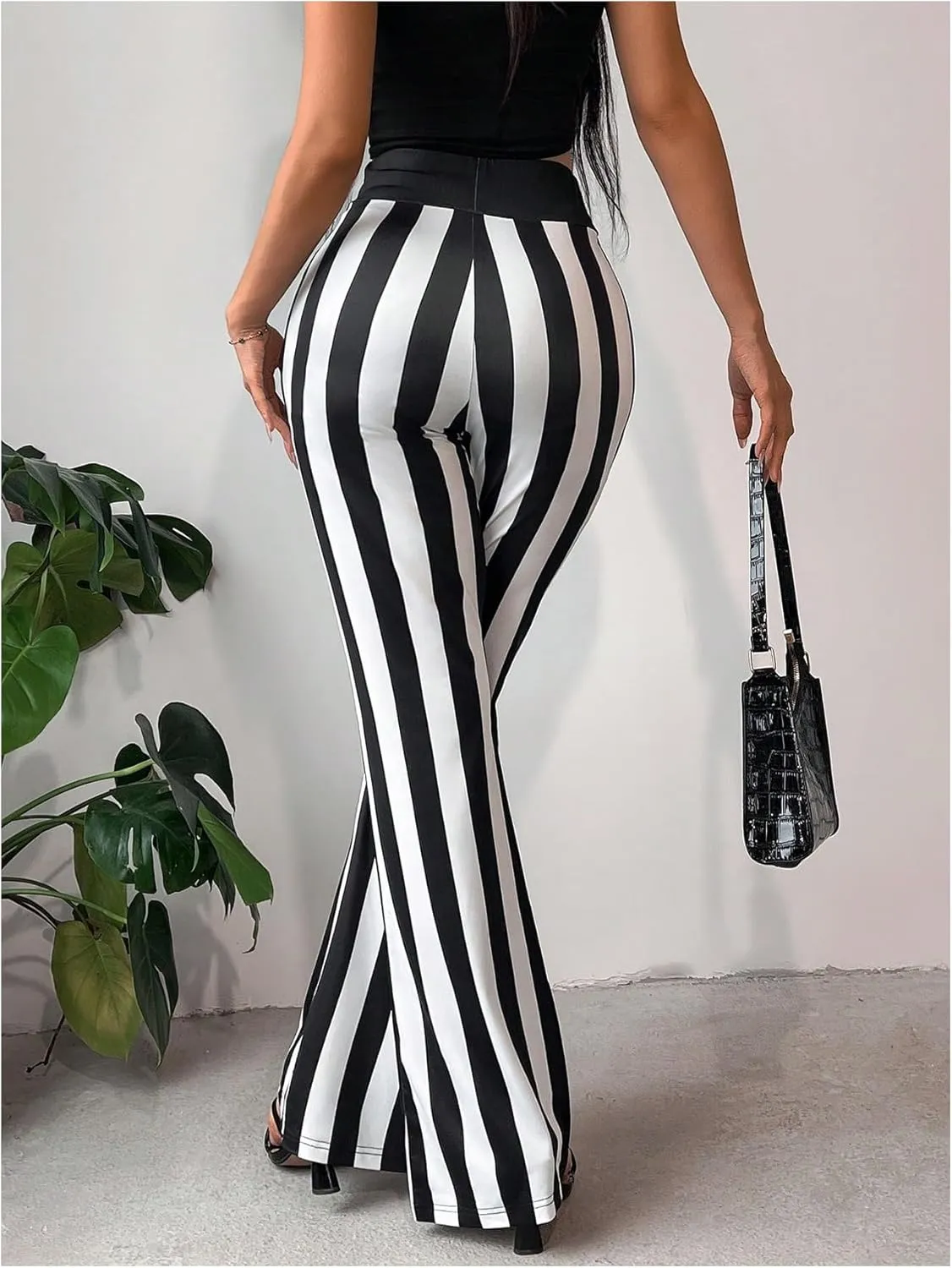 WDIRARA Women's Striped Elastic Waist Flared Pants Stretchy Bell Bottoms Trousers