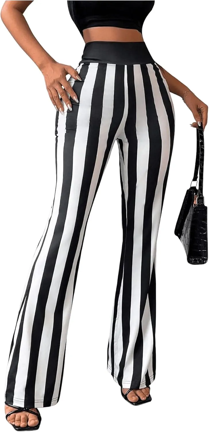 WDIRARA Women's Striped Elastic Waist Flared Pants Stretchy Bell Bottoms Trousers