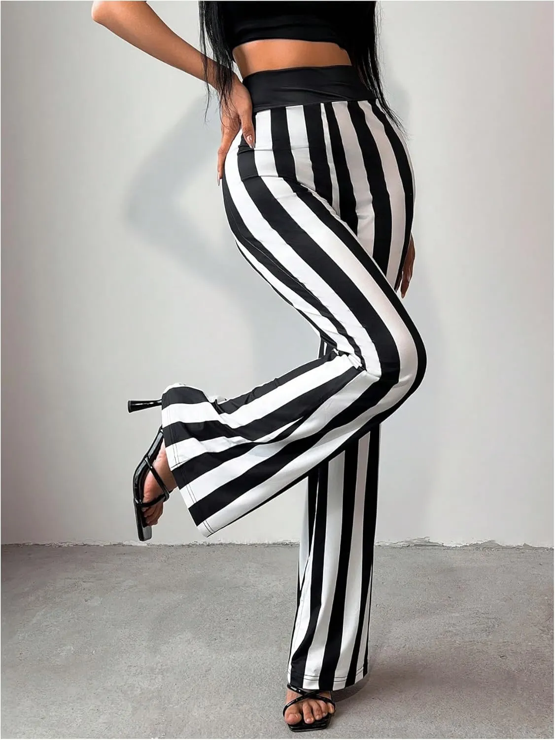 WDIRARA Women's Striped Elastic Waist Flared Pants Stretchy Bell Bottoms Trousers