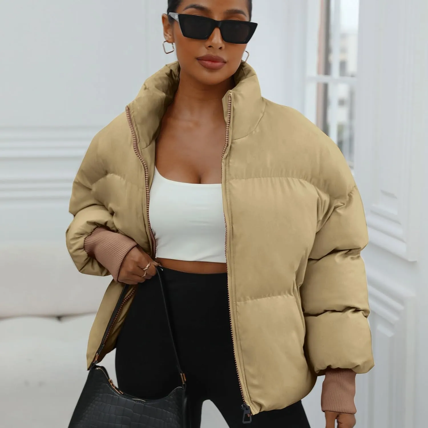 Winter Puffer Jacket Women Cropped Baggy Down Coats Long Sleeves Zip Puffy Jackets