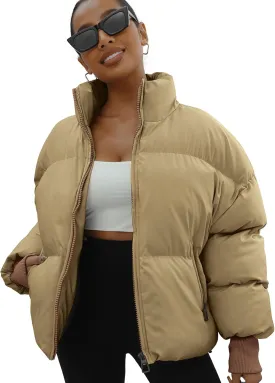 Winter Puffer Jacket Women Cropped Baggy Down Coats Long Sleeves Zip Puffy Jackets