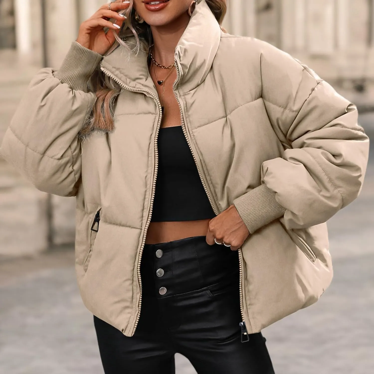 Winter Puffer Jacket Women Cropped Baggy Down Coats Long Sleeves Zip Puffy Jackets