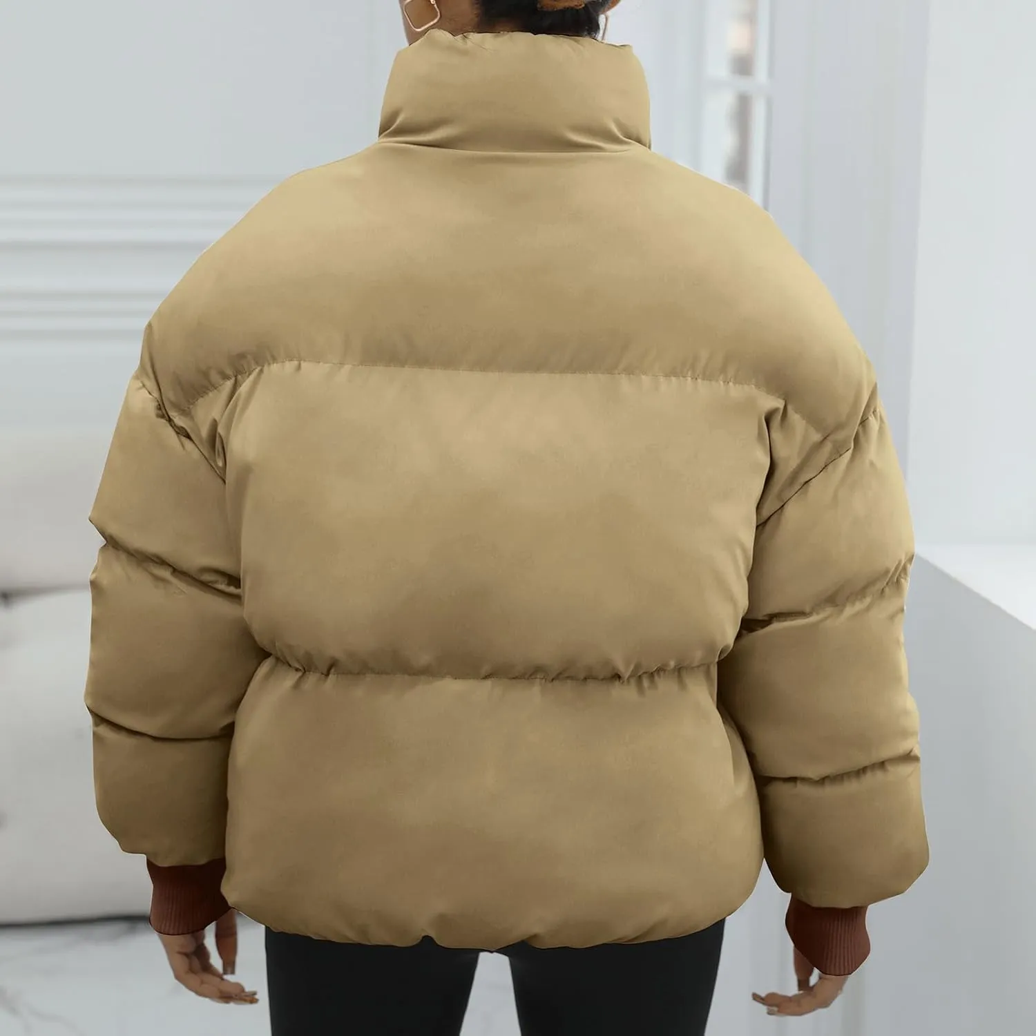 Winter Puffer Jacket Women Cropped Baggy Down Coats Long Sleeves Zip Puffy Jackets