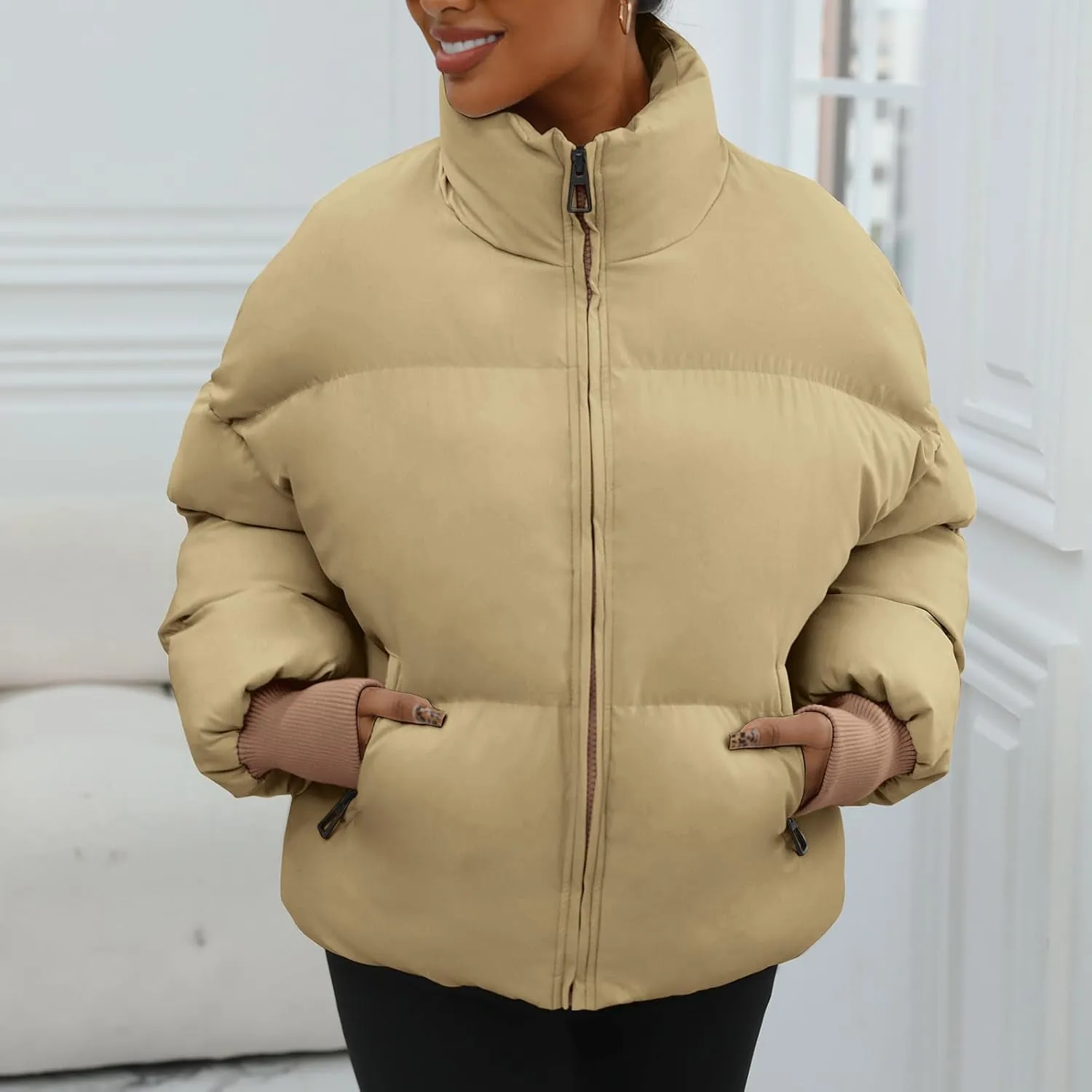 Winter Puffer Jacket Women Cropped Baggy Down Coats Long Sleeves Zip Puffy Jackets