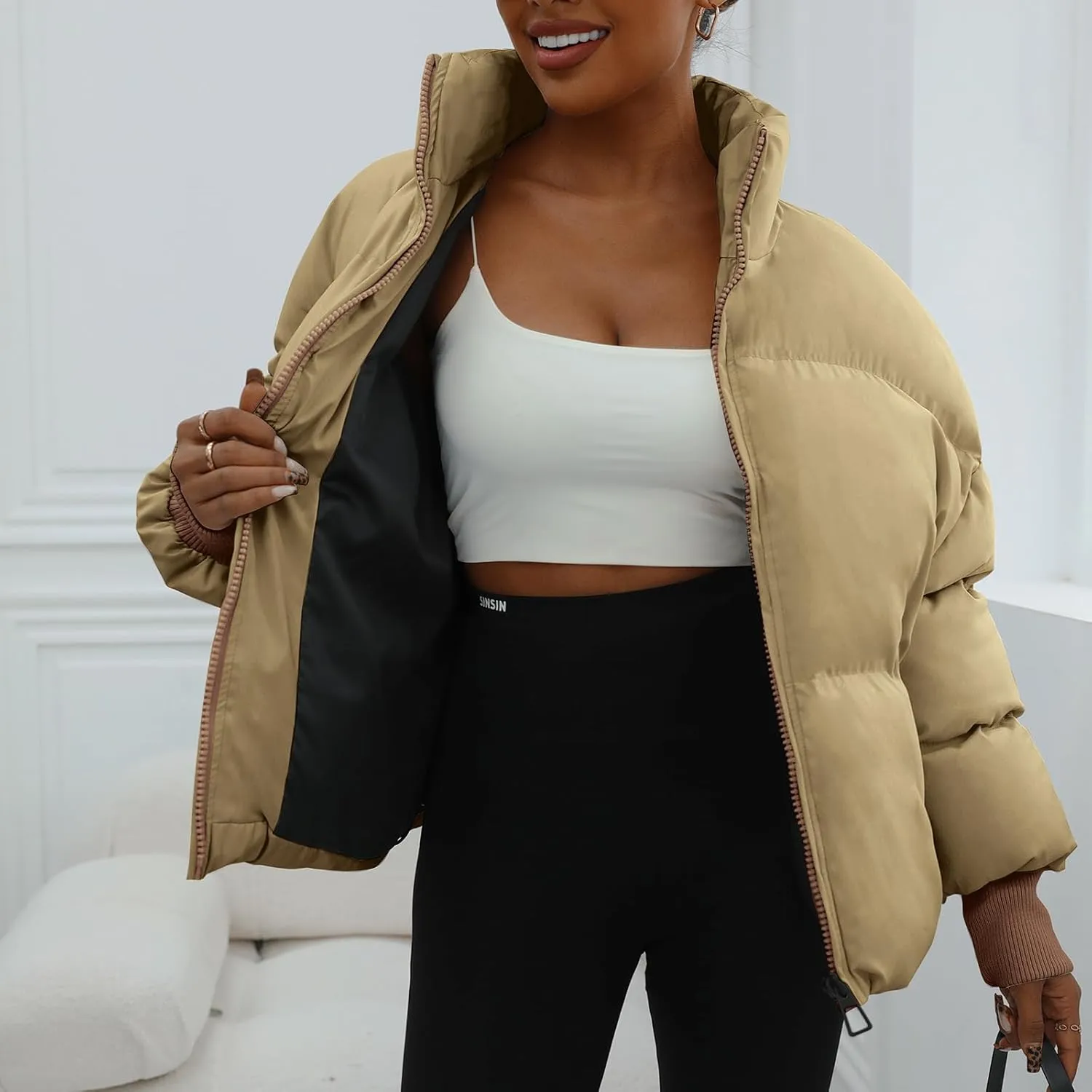 Winter Puffer Jacket Women Cropped Baggy Down Coats Long Sleeves Zip Puffy Jackets
