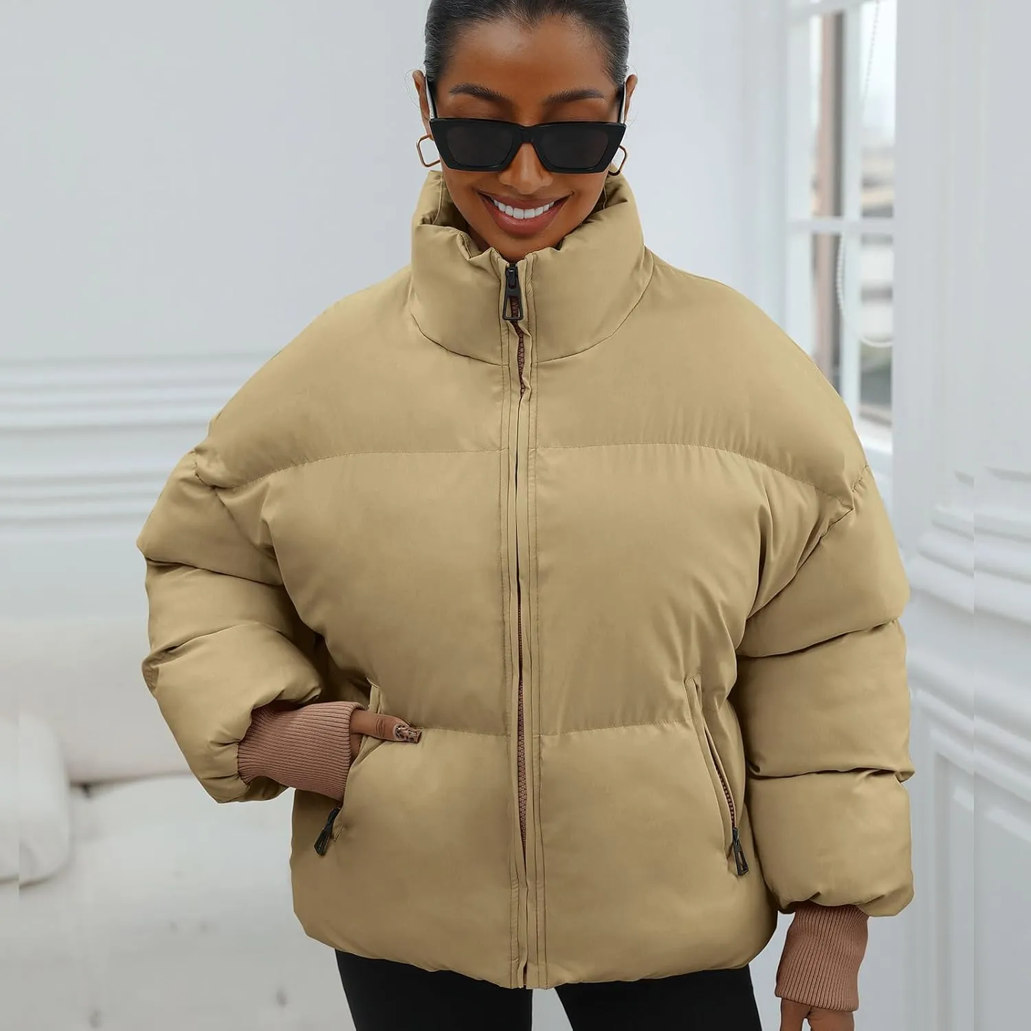 Winter Puffer Jacket Women Cropped Baggy Down Coats Long Sleeves Zip Puffy Jackets