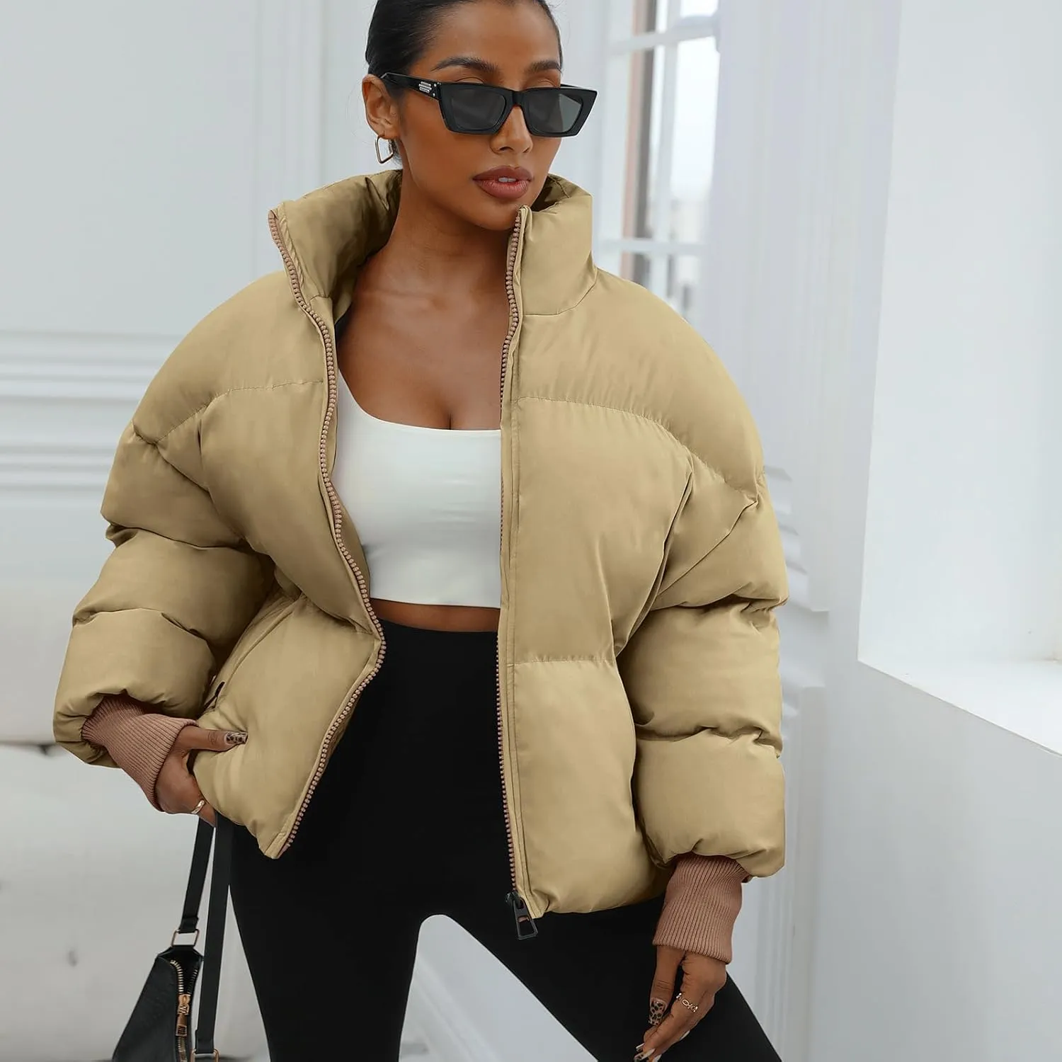 Winter Puffer Jacket Women Cropped Baggy Down Coats Long Sleeves Zip Puffy Jackets