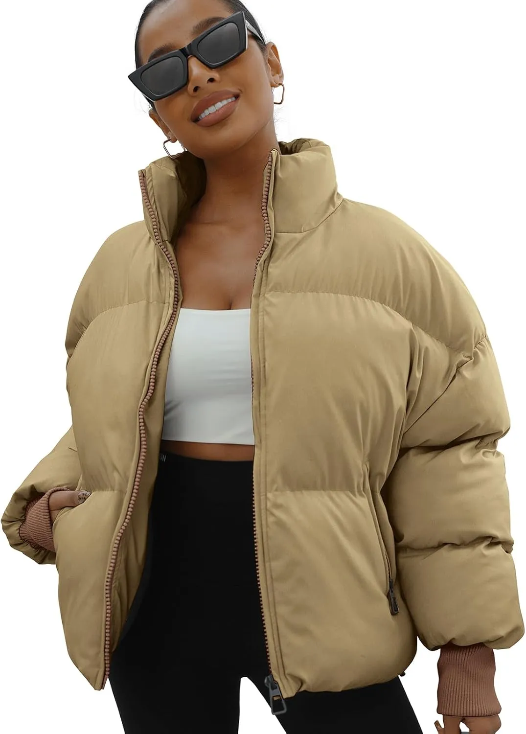 Winter Puffer Jacket Women Cropped Baggy Down Coats Long Sleeves Zip Puffy Jackets