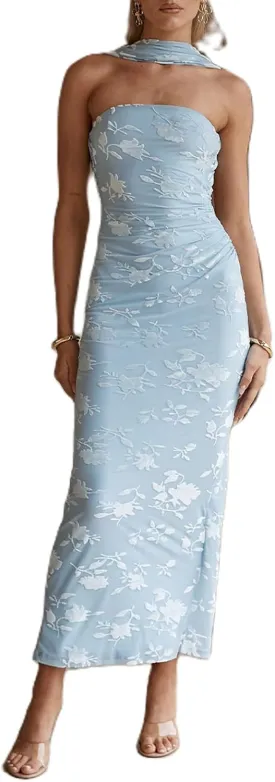 Women Floral Tube Strapless Maxi Bodycon Dress with Scarf Y2k 2025 Summer Backless Mesh Long Club Party Dresses