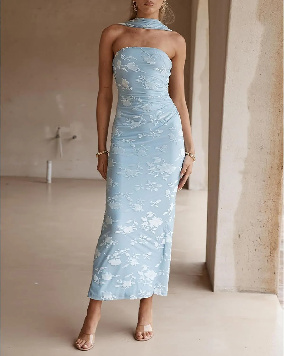 Women Floral Tube Strapless Maxi Bodycon Dress with Scarf Y2k 2025 Summer Backless Mesh Long Club Party Dresses