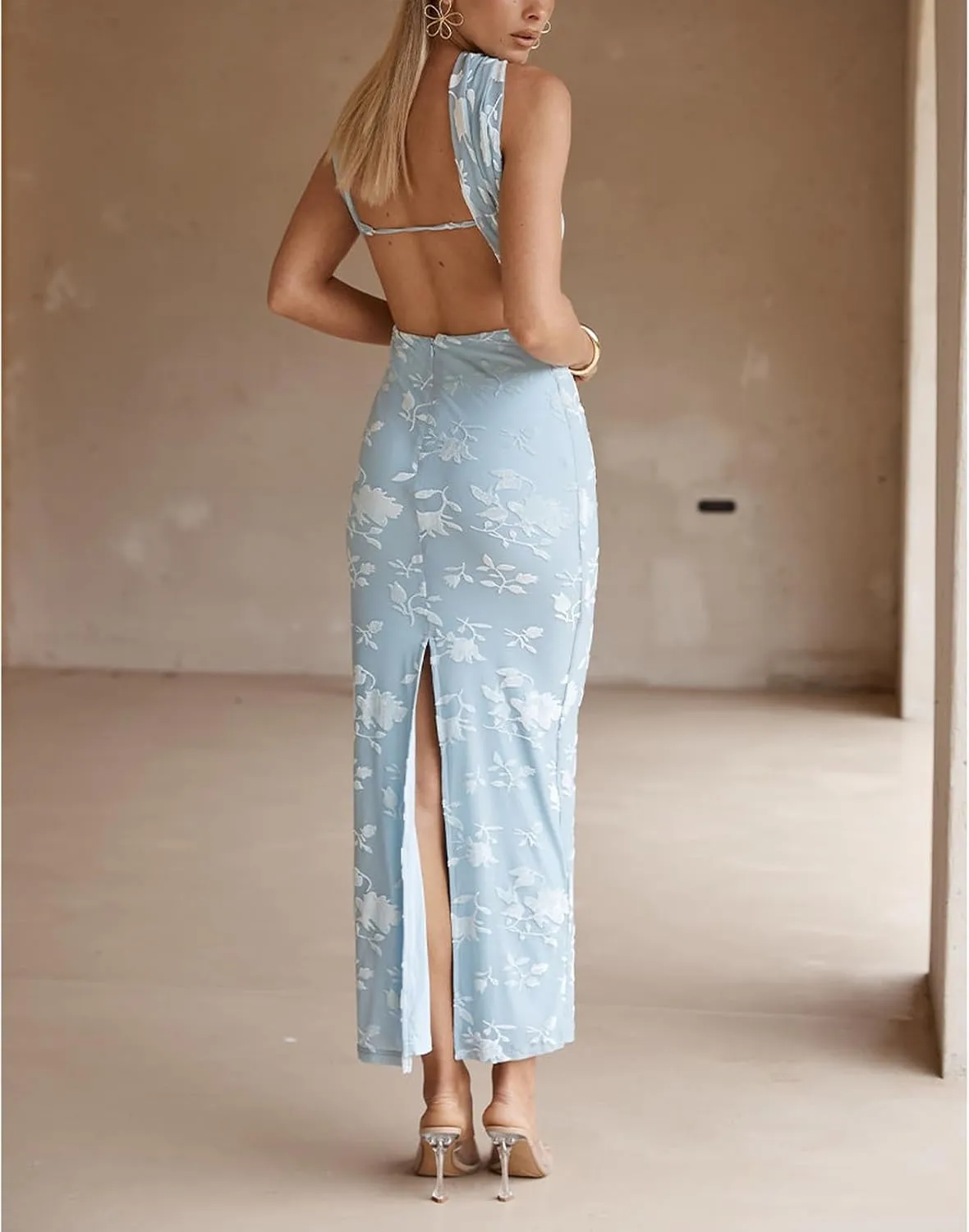 Women Floral Tube Strapless Maxi Bodycon Dress with Scarf Y2k 2025 Summer Backless Mesh Long Club Party Dresses