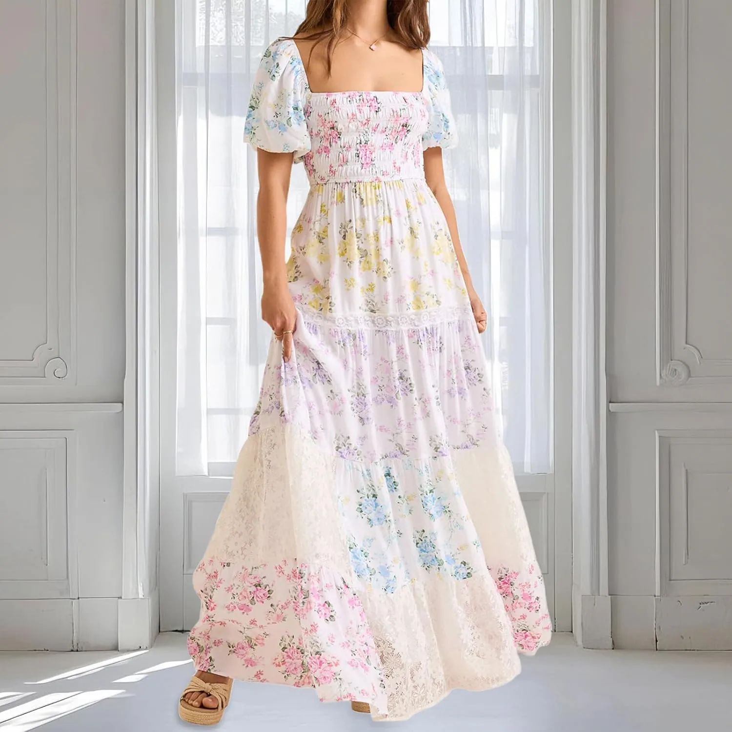 Women Patchwork Dress Y2k Floral Puff Short Sleeve Maxi Dress Summer Boho Smocked Tiered Ruffle Beach Sundress