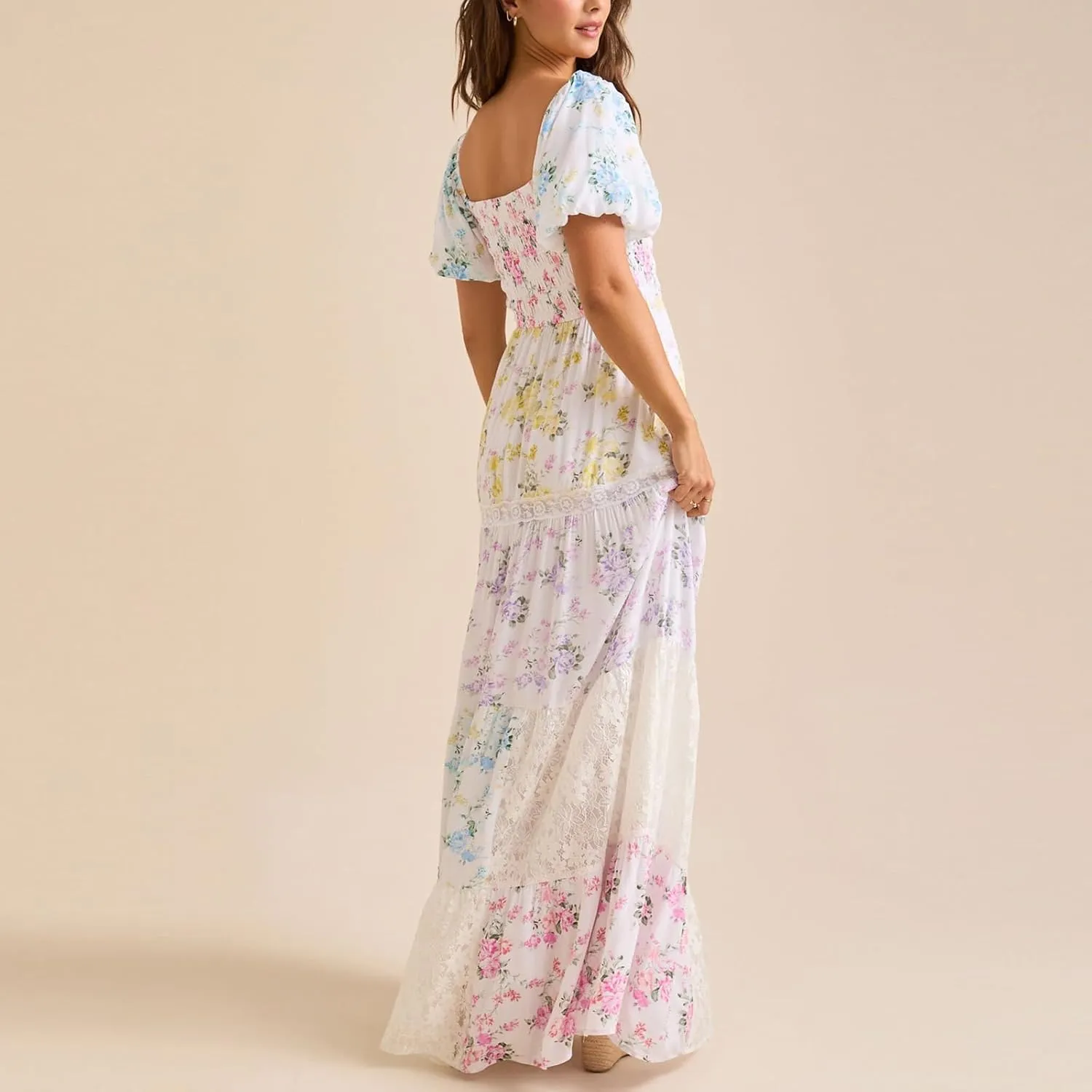 Women Patchwork Dress Y2k Floral Puff Short Sleeve Maxi Dress Summer Boho Smocked Tiered Ruffle Beach Sundress