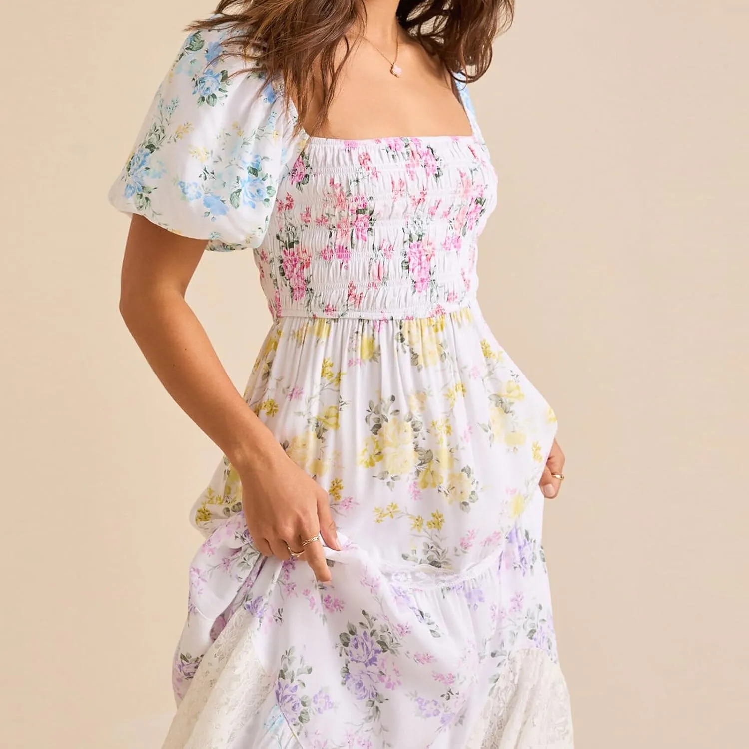 Women Patchwork Dress Y2k Floral Puff Short Sleeve Maxi Dress Summer Boho Smocked Tiered Ruffle Beach Sundress
