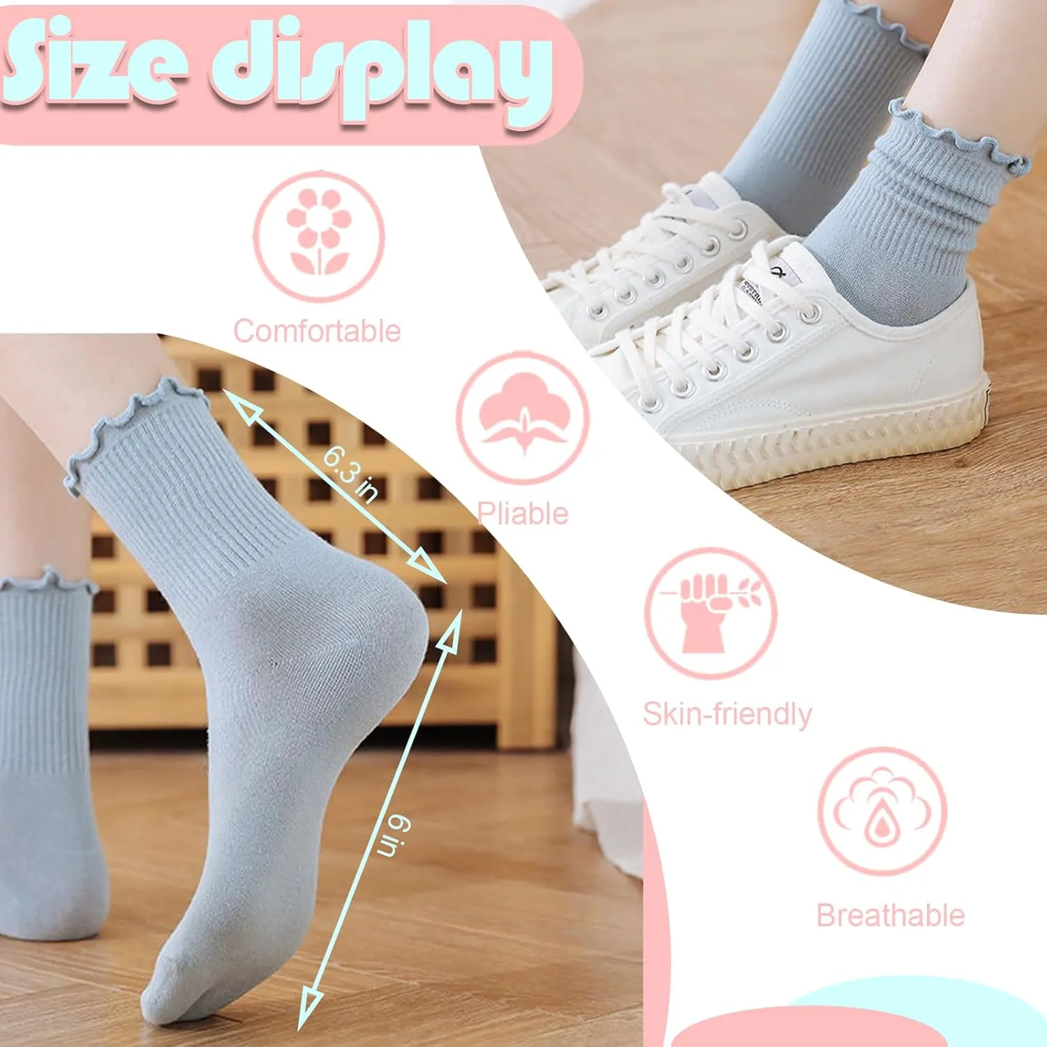 Women Socks,Ruffle Turn Cuff Casual Ankle Socks Knit Cotton Lettuce Crew Frilly Sock 6 Pairs