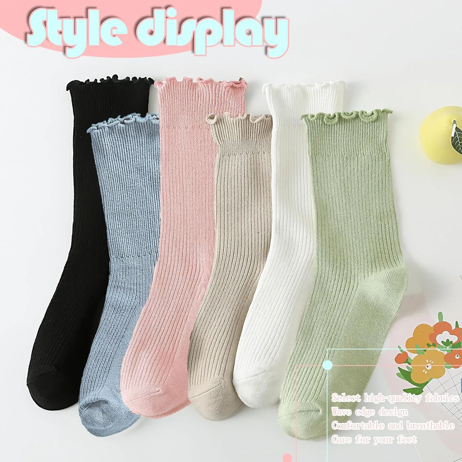 Women Socks,Ruffle Turn Cuff Casual Ankle Socks Knit Cotton Lettuce Crew Frilly Sock 6 Pairs