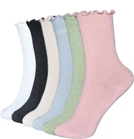 Women Socks,Ruffle Turn Cuff Casual Ankle Socks Knit Cotton Lettuce Crew Frilly Sock 6 Pairs