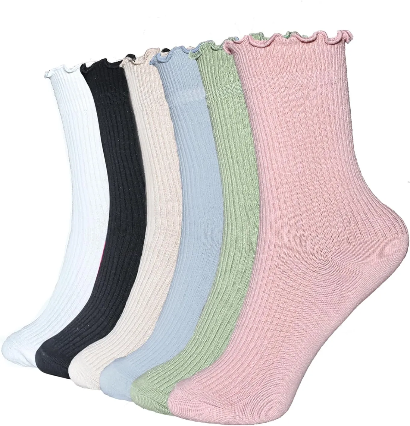 Women Socks,Ruffle Turn Cuff Casual Ankle Socks Knit Cotton Lettuce Crew Frilly Sock 6 Pairs