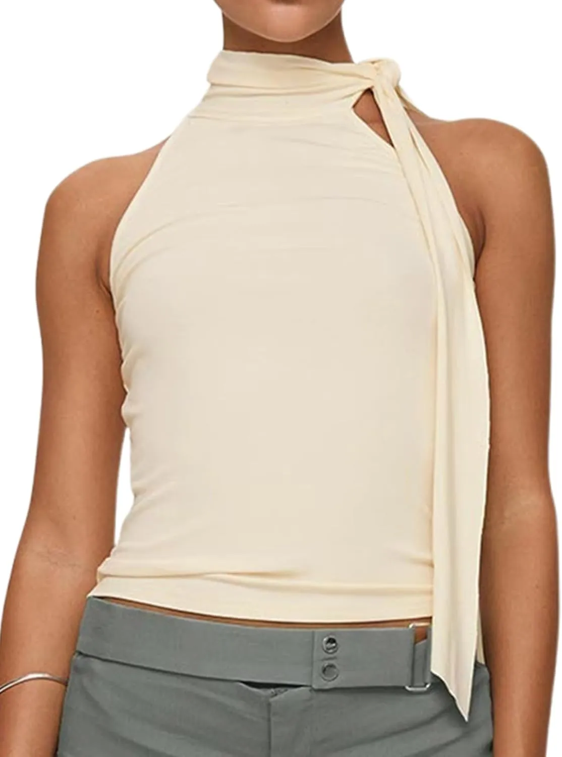 Women Y2K High Neck Tank Tops Sleeveless Slim Summer Shirts Going Out Mock Neck Bow Tie Cami Top with Scarf