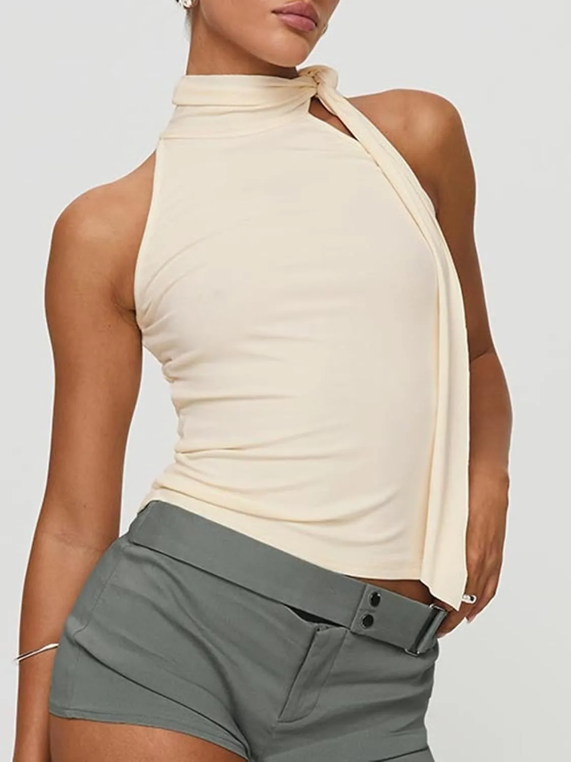 Women Y2K High Neck Tank Tops Sleeveless Slim Summer Shirts Going Out Mock Neck Bow Tie Cami Top with Scarf