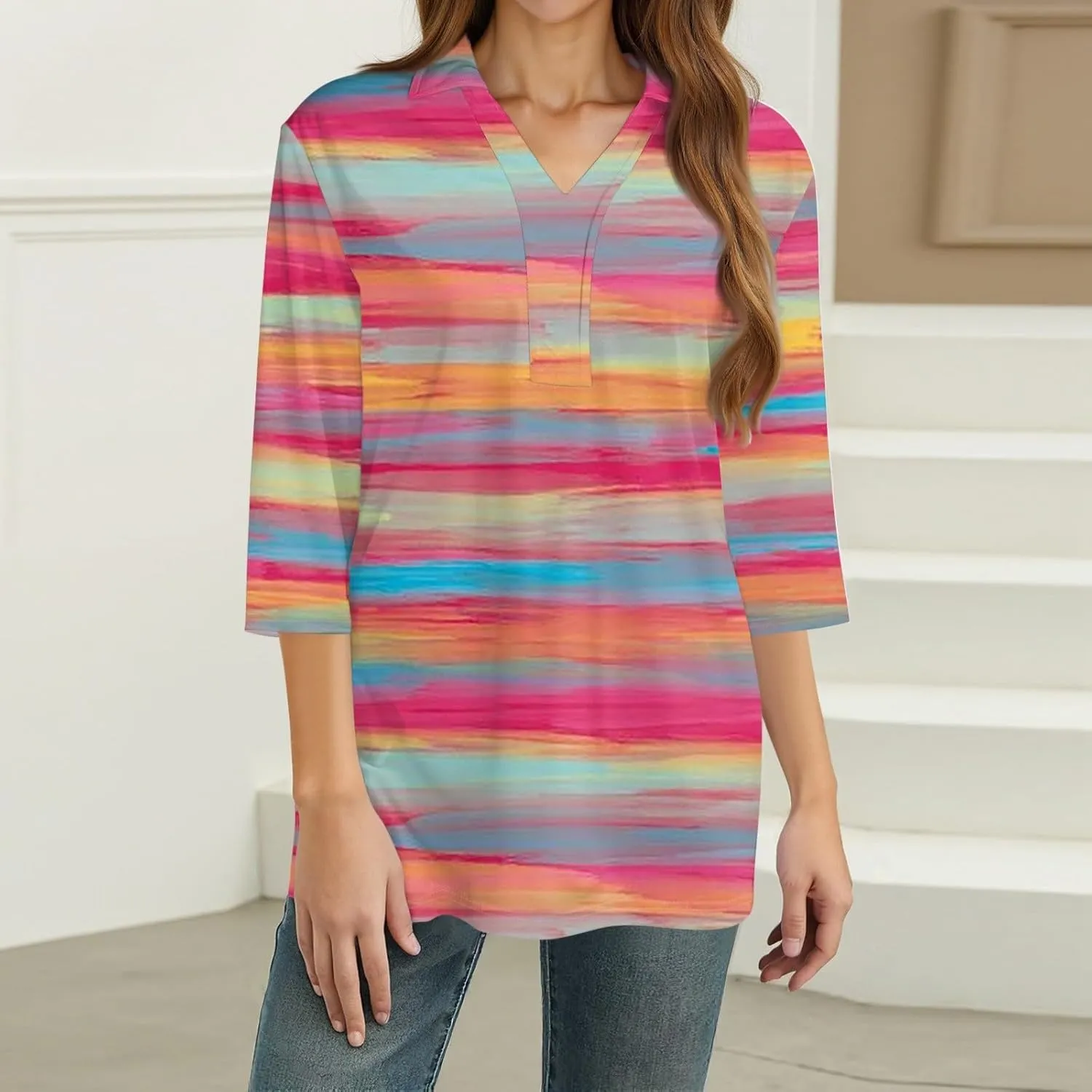 Women's 3/4 Sleeve V-Neck Collared Tops Summer Business Casual Work Polo Shirts 2025 Trendy Loose Fit Basic Tees