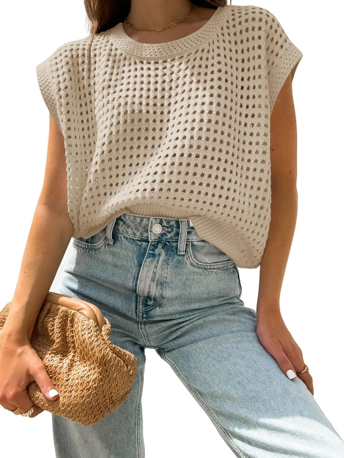 Womens Summer Crochet Tops Hollow Out Cap Sleeve Cover Up Tank Top Pullover Sweater Vest Beach Vacation Clothes