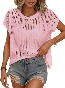 Womens Summer Crochet Tops Hollow Out Cap Sleeve Cover Up Tank Top Pullover Sweater Vest Beach Vacation Clothes