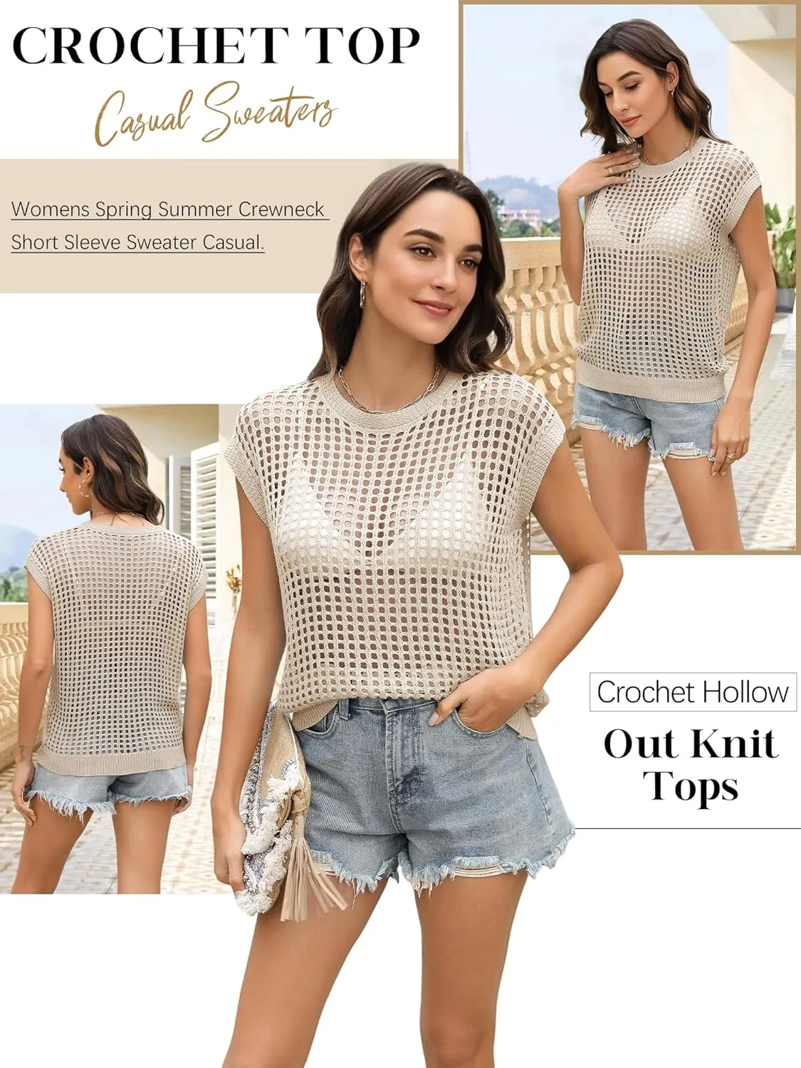 Womens Summer Crochet Tops Hollow Out Cap Sleeve Cover Up Tank Top Pullover Sweater Vest Beach Vacation Clothes