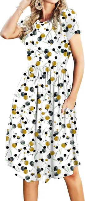 Womens Summer Pocket Knee Length Teacher Casual Dress Spring Modest Knit Fit Flare Short Sleeve Midi Work Travel Outfits