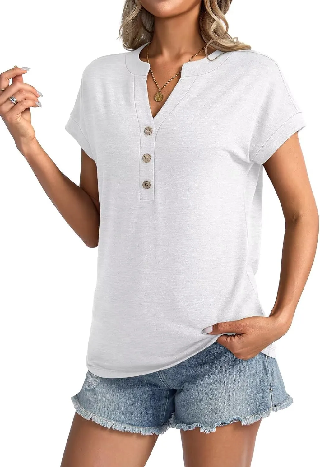 Womens V Neck Cap Sleeve T Shirts Casual Summer Tops Button Short Sleeve Shirt Loose Fit Basic Tee 2025 Clothes