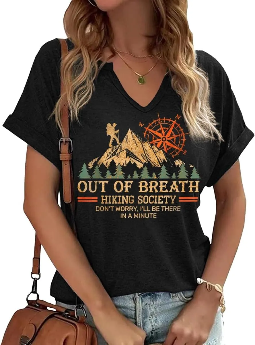 Women's V-Neck Outdoors Shirt Funny Camping Mountain Hiking Nature Lovers Adventure Graphic Tees Tops